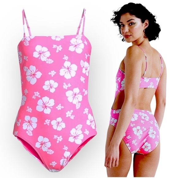 Pink Hibiscus Cut-Out One Piece Swimsuit Juniors Size Large 11-12 Never Worn - Picture 1 of 10
